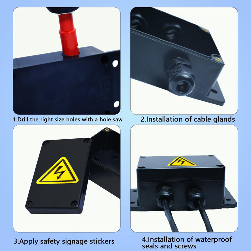 4 x Junction Boxes, IP67 Black Junction Box, Waterproof, 100 x 68 x 50 mm, Surface-Mounted Junction Box, Electronic Housing with 16 Cable Glands, Safety Shields, Hole Saw 16 mm, Screwdriver