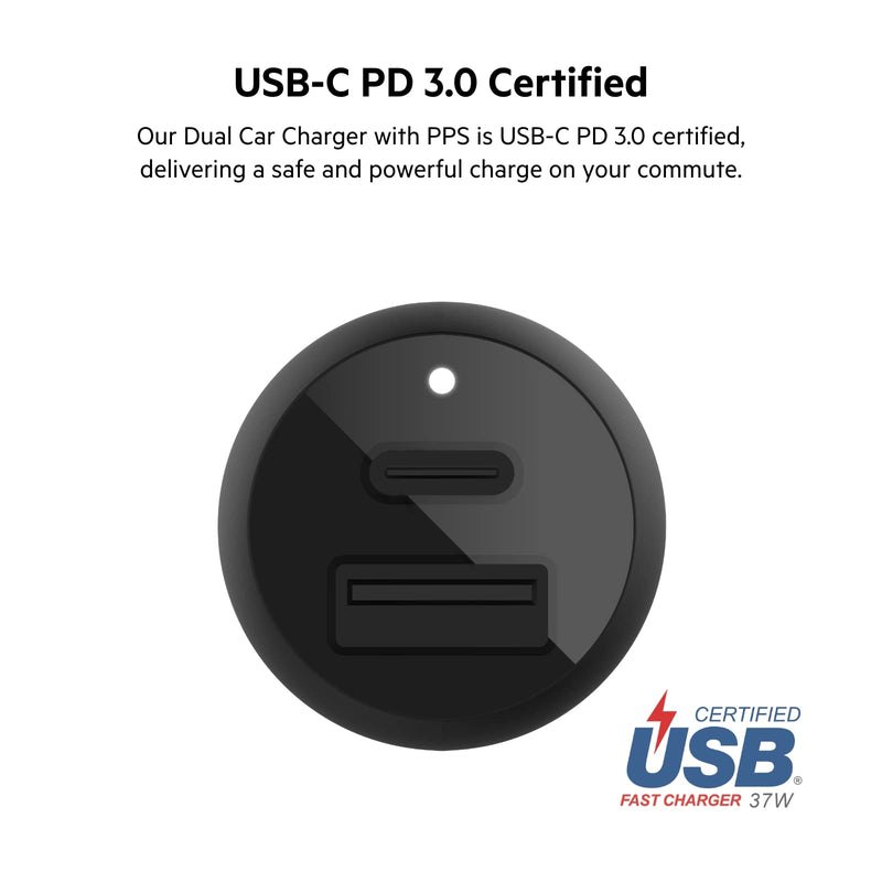 Belkin 37W Dual Port Fast Car Charger with 3.3ft USB-C Cable Included, USB-C 25W PPS Port and USB-A 12W Port for Galaxy S23, S23+, Ultra, Note20, iPhone 14, 13, 12, 11, Pro, Max, Mini and More | 25W USB-C PPS plus 12W USB-A, for Galaxy S23 series, Note...