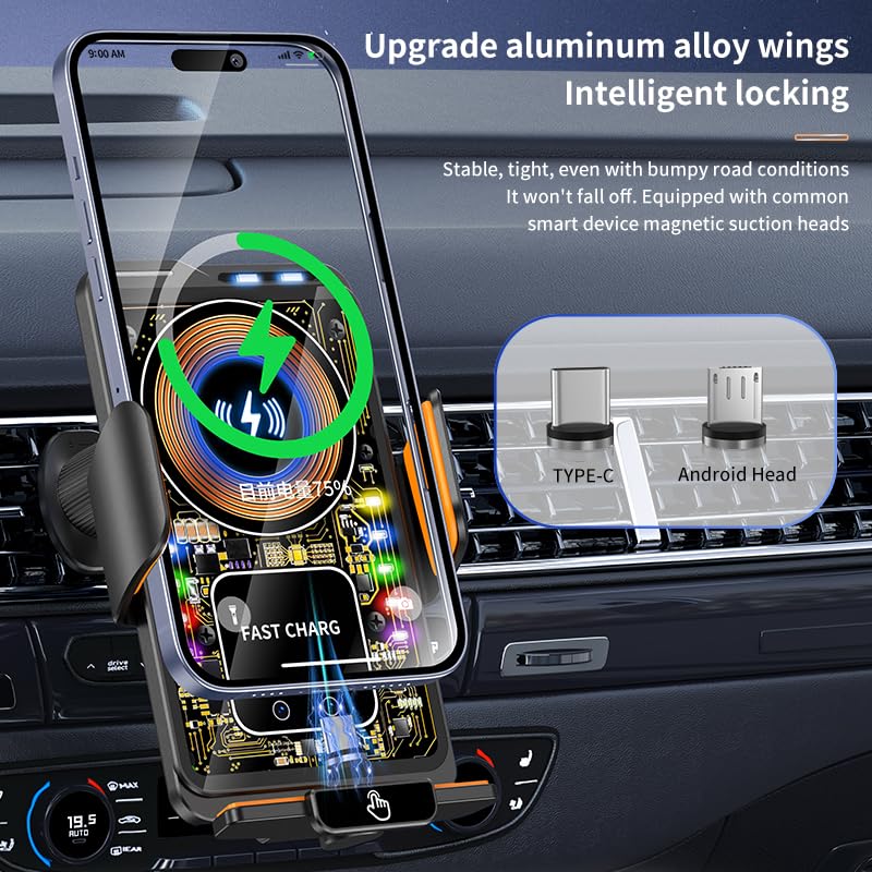 Wireless Car Charger, 15W Fast Auto-Clamping Vent Phone Holder | Transparent Design · 360° Rotation · Compatible with iPhone & Samsung Transparent White