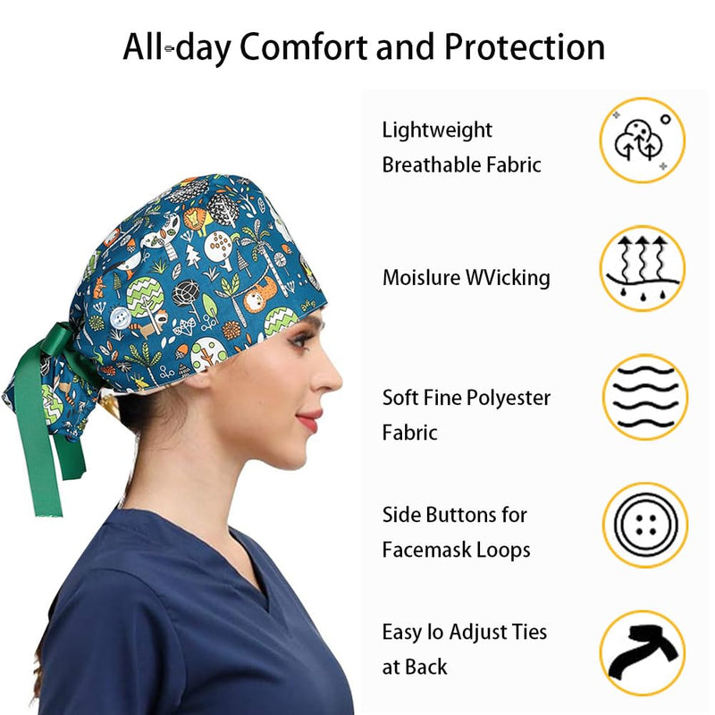 [AUSTRALIA] - 6 x Women's Surgical Caps with Satin Lining, Adjustable Fabric with Button, Ponytail Work Cap with Sweatband Hoods, Cotton Print Surgical, Chef's Hat, Dust Cap, One Size, multicoloured 
