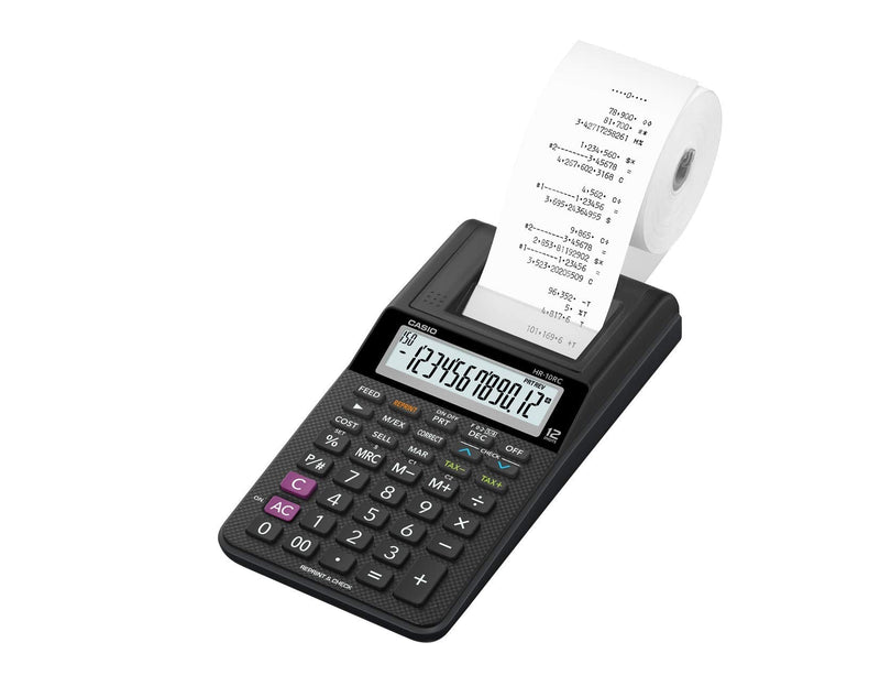 Casio HR-10RC Mini Desktop Printing Calculator, Black | Portable, 12-digit display, one-color printer, tax & currency; ideal for bookkeeping