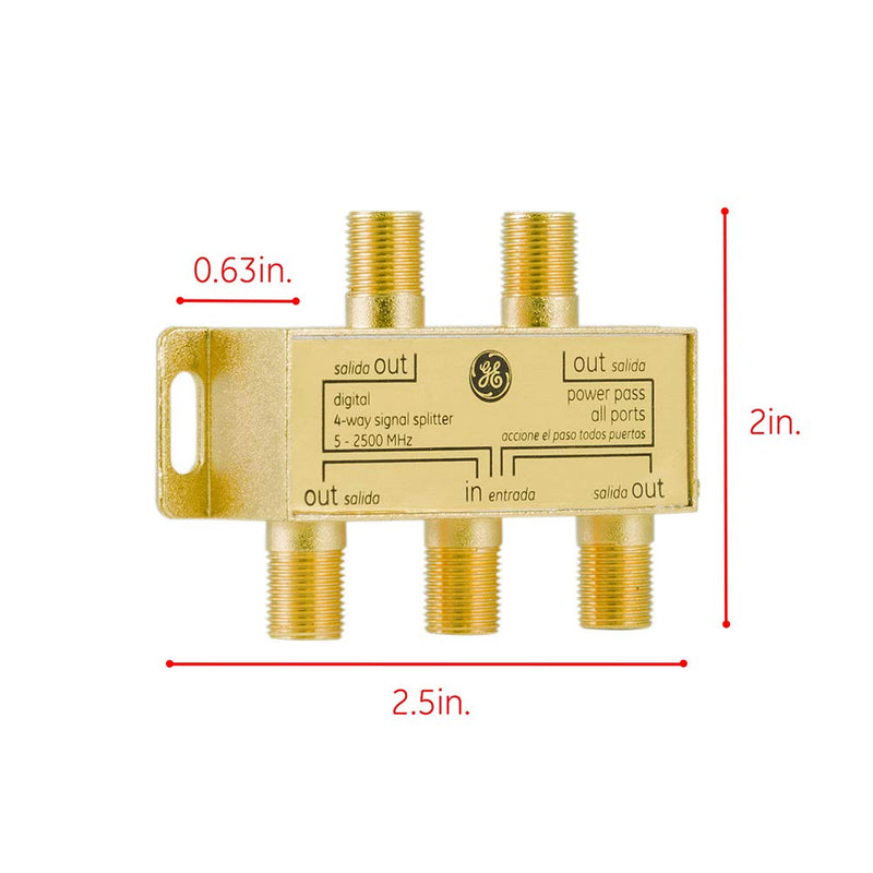 GE Digital 4-Way Coaxial Cable Splitter, 2.5 GHz 5-2500 MHz, RG6 Compatible, Works with HD TV, Satellite, High Speed Internet, Amplifier, Antenna, Gold Plated Connectors, Corrosion Resistant, 33527 1 Pack