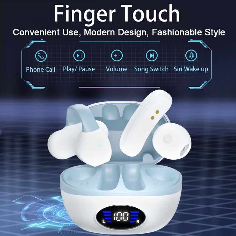 IHAO Clip Ear Sport Earbud Headphones Bluetooth 5.3 Open Earpiece, Clip On Ear Never Fall Out 8 Hours Playtime with Charging Case, HiFi Sound Noise Reduction Painless Firm Wear IPX4 Waterproof-White Clip Earbud White