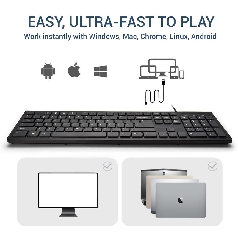 Computer Keyboard Wired, Plug Play USB Keyboard, Low Profile Chiclet Keys, Large Number Pad, Caps Indicators, Foldable Stands, Spill-Resistant, Anti-Wear Letters for Windows Mac PC Laptop, Full Size