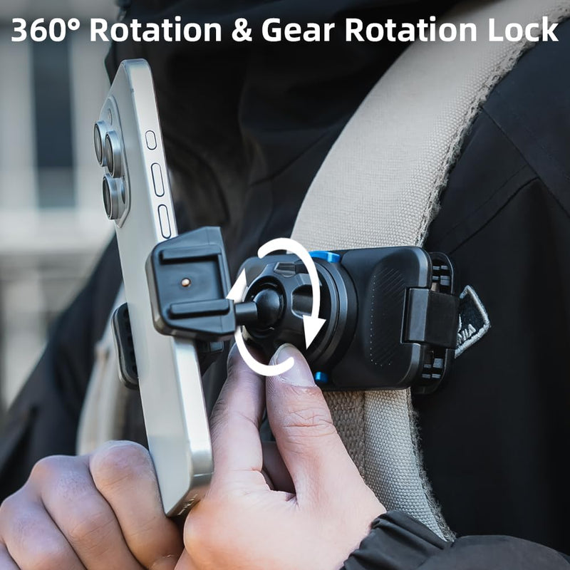 Magnetic Phone Clip Mount for Backpack Strap, 360° Rotating Hands-Free Phone Holder Compatible with iPhone 17/16/15 Pro Max, Samsung and Most Smartphones