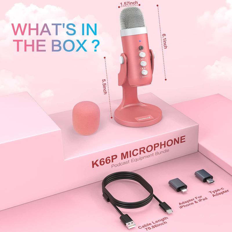 ZealSound USB Microphone,Condenser Computer Mic,Plug&Play Gaming Microphones for PS 4&5.Headphone Output&Volume Control,Mic Gain Control,Mute Button,YouTube Podcast on Mac&Windows Pearlescent Pink