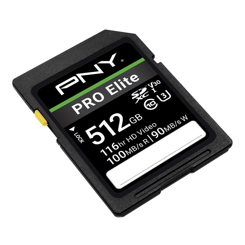 PNY 512GB PRO Elite Class 10 U3 V30 SDXC Flash Memory Card - 100MB/s, Class 10, U3, V30, 4K UHD, Full HD, UHS-I, Full Size SD