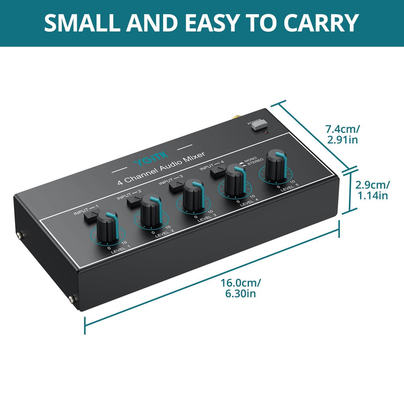 Mini Audio Mixer, 4 Channel Stereo Line Mixer 1/4" & 1/8" TSR Audio Output Input Jack, Line Mixer Stereo/Mono Independent Control and Switch for Guitars,Bass,Keyboards, Dynamic Microphone