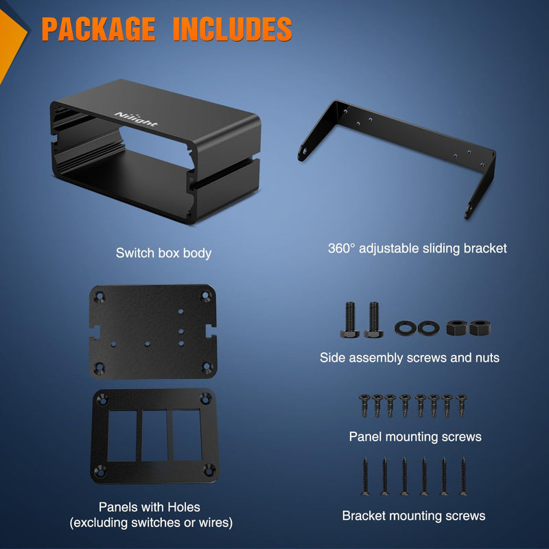 [AUSTRALIA] - Nilight 3 Gang Rocker Switch Box 3 Holes Panel Detachable Installation Housing Waterproof Aluminum Rotatable Mount Bracket 12V 24V DIY Toggle Switches Voltmeter USB Socket for Boats Cars RVs Trucks Black-Switch Box Only 