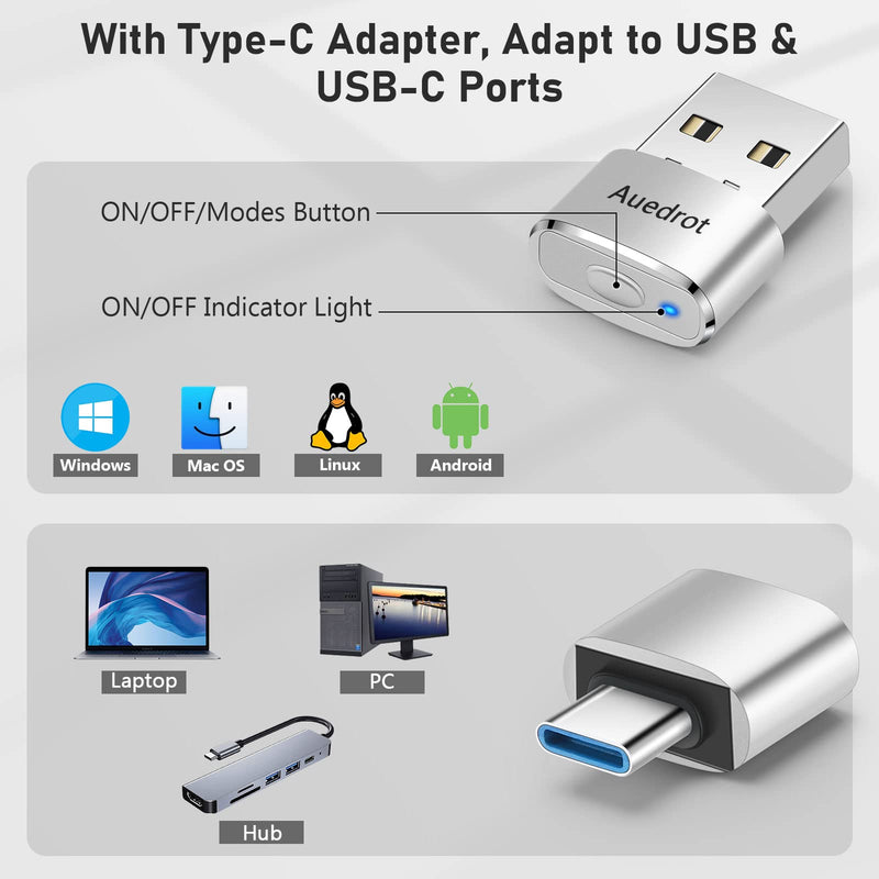 Mouse Jiggler Undetectable Metal USB Mouse Mover with Switch Button, Automatic Mini Mouse Shaker with 2 Jiggle Modes, Driver-Free, Plug-and-Play Keep Computer/Laptop Awake, with Type-C Adapter, Silver