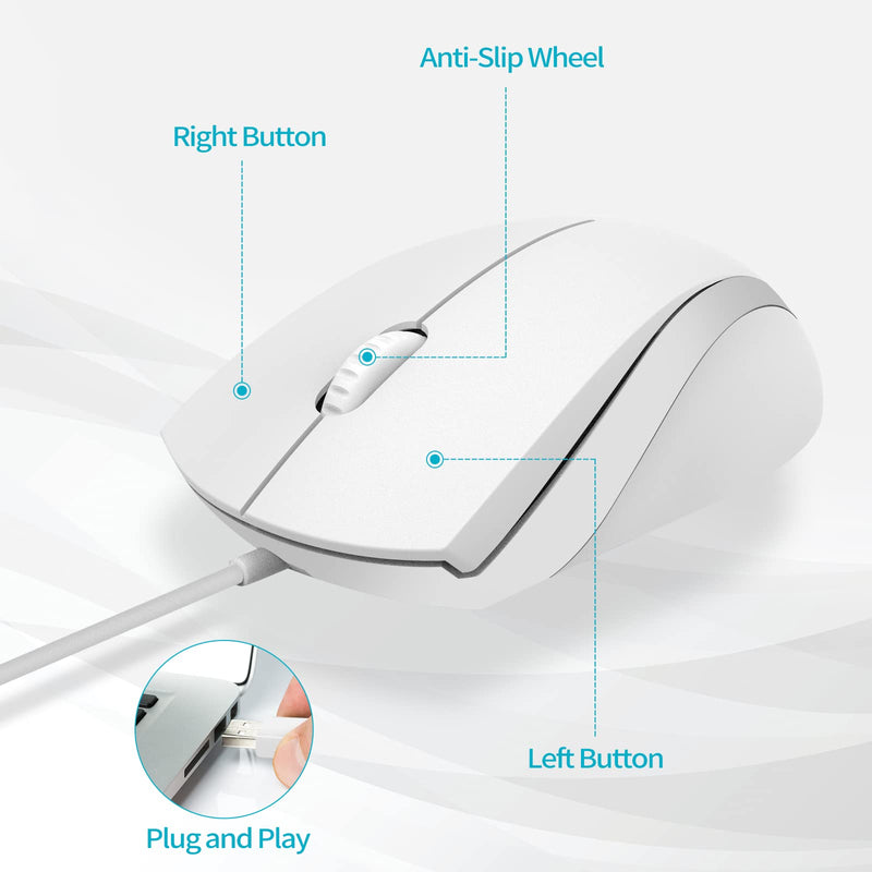 Rapoo N1600 3-Button Quiet Wired Mouse, 1000DPI Optical Mouse, Quiet Button, Ergonomic Shape, for Desktop Computers Laptops, Matte White