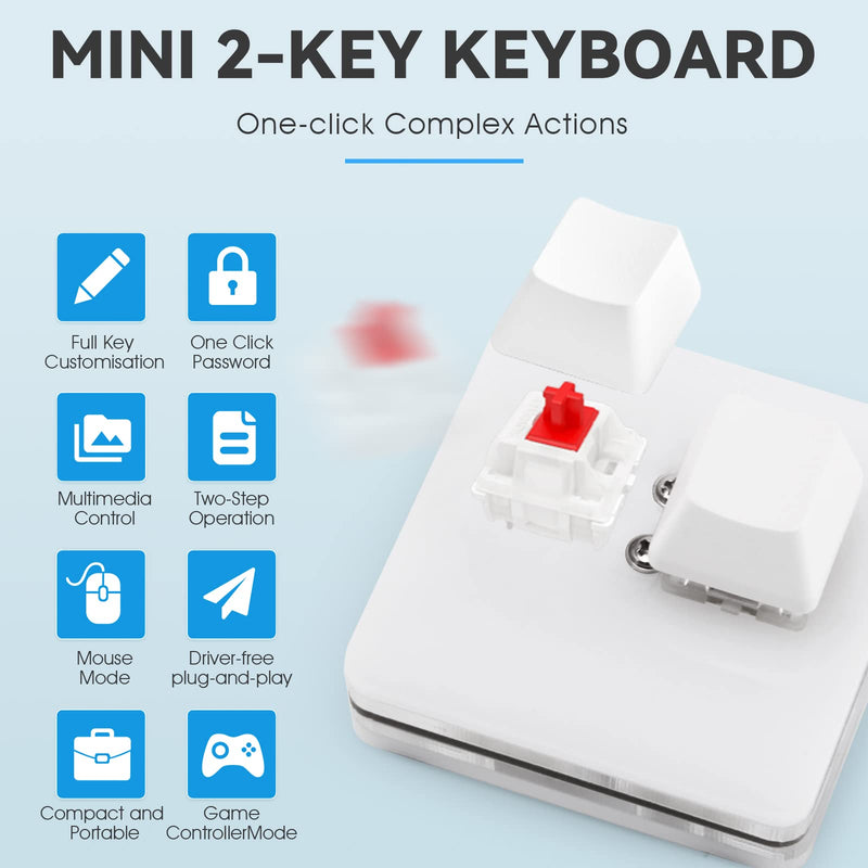 Ecarke 2-Key Gaming Keyboard, USB Mini 2-Key Keyboard, Mechanical Gaming PC Keyboards, Programming Macro with Software OSU HID Standard Keyboard(Upgrade Cherry Shaft & RGB LED) White