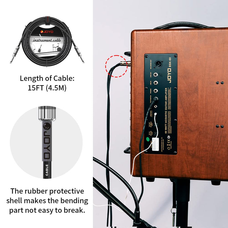 JOYO Audio Instrument Cable 15ft for Bass & Guitar 1/4 Inch Straight Professional Amp Cord (Black, CM-04)