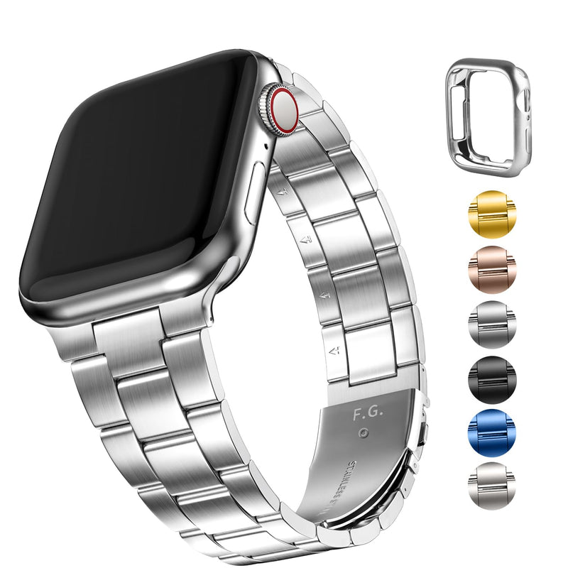 Fullmosa Compatible Stainless Steel Apple Watch Band with case 44mm/45mm/42mm Coffee Gold & Compatible Metal Apple Watch Band with case 44mm/45mm/42mm,Silver