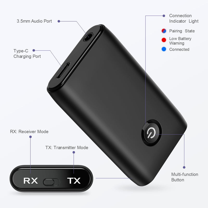 Bluetooth Transmitter Receiver 2 in 1, Hands-Free Call Aux Bluetooth Adapter for Car, Wireless Bluetooth Car Adapter, 3.5mm Bluetooth Audio Adapter Car Home Audio System Headphones Airplane RX+TX Black