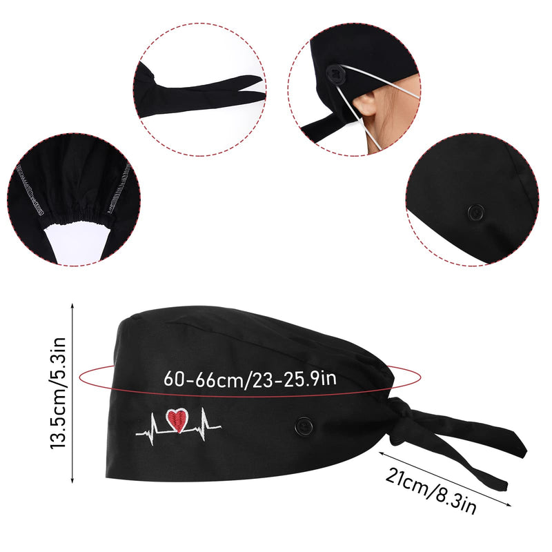 Lusofie Adjustable Working Cap with Button Sweatband Surgical Cap Nurse Hat Cotton Ponytail Holder Scrub Caps Tie Back Hats Black Heart