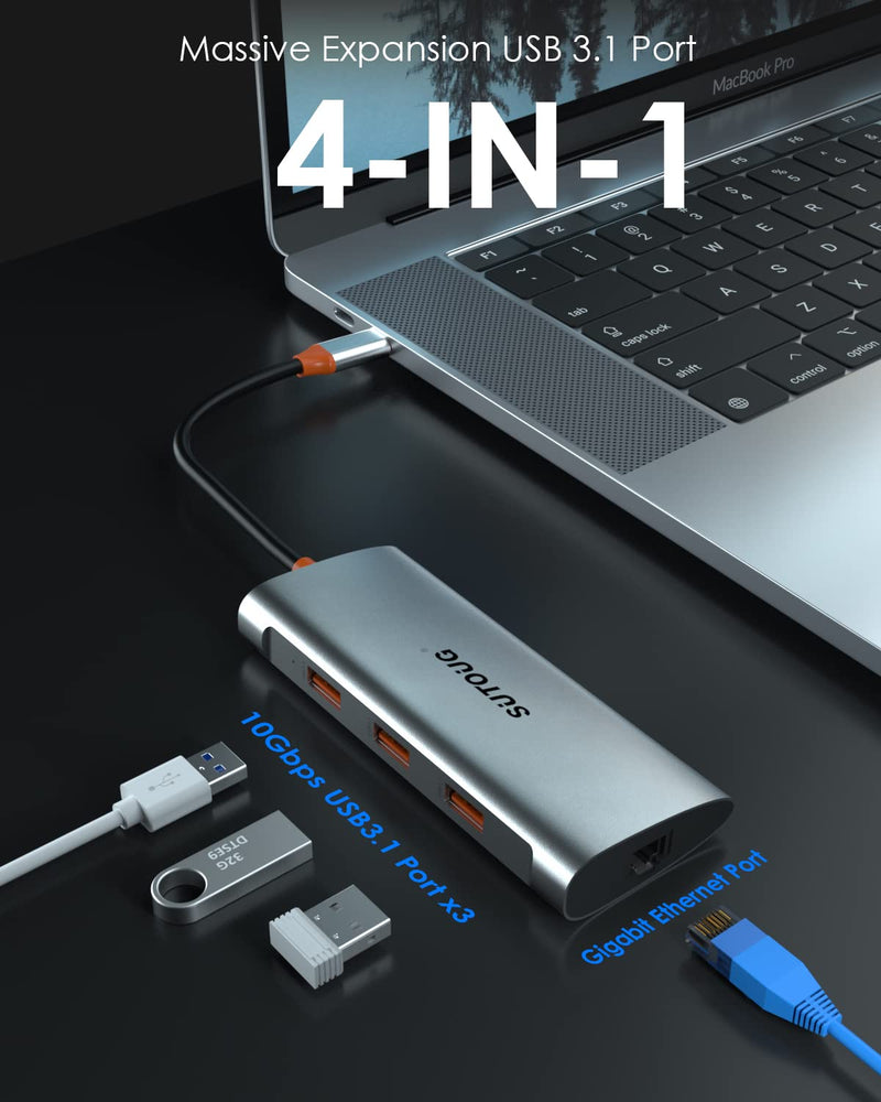 4 in 1 USB C Hub, USB C Adapter, USB Type C to USB 3.1 Adapter with SuperSpeed 10Gbps for MacBook Pro/Air Grey 3 USB 3.1 and RJ 45