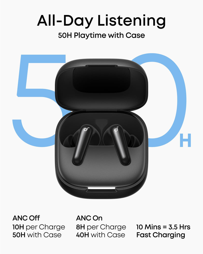 Soundcore P31i by Anker Translation Earbuds with Real-Time Adaptive ANC | Real-Time Adaptive Noise Cancelling, Hi-Res Sound, Translation Earbuds, 50H Playtime, Spatial Audio, Fast Charging, IP55 Black