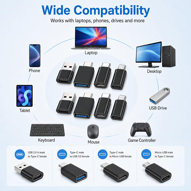 8pcs USB to USB C Adapter, Micro USB to USB C Female Male Converter Connector for Laptop Car Smartphone Headphone Mic PC (8pcs) 8pcs