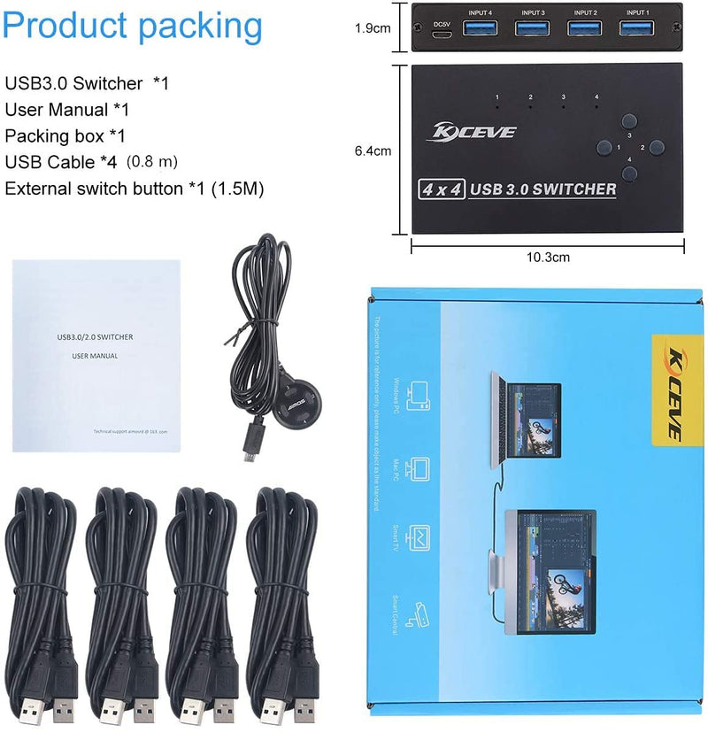 KCEVE USB 3.0 Switch, USB Switcher Selector 4 Computer Sharing 4 USB Devices Printer, Scanner, Mouse, Keyboard, Compatible with Mac/Windows/Linux, with 4 Pack USB 3.0 Cables 4x4 USB Switch