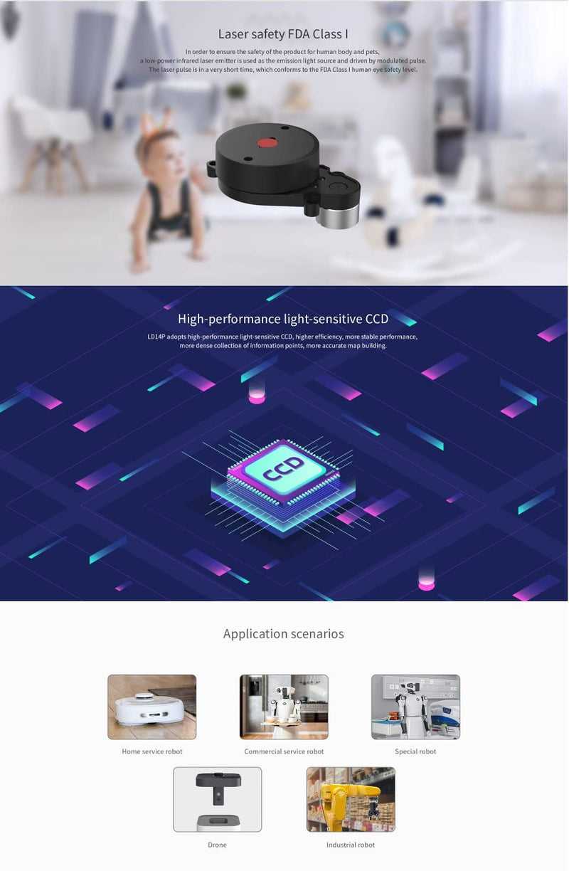 WayPonDEV LD14P 2D 360 Degree Lidar 2300Hz 8m Scanning Radius Distance Lidar Sensor Triangulation Scanner for Robot Obstacle Avoidance Autopilot Navigation
