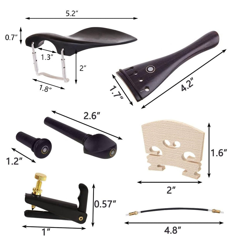 Violin Parts & Accessories Kit with Violin Ebony Chin Rest, Tailpiece, Tuning Pegs, Endpin,Tunners, Tailgut, String and Maple Bridge for 4/3 4/4 Violin Replacement Part 16pcs