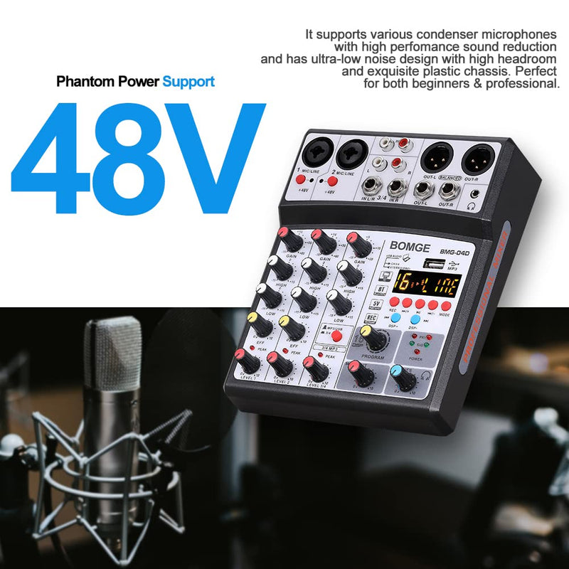 [AUSTRALIA] - BOMGE 4 Channel dj Bluetooth Audio Mini Mixer with Effects, USB Interface, Stereo Recording, 48V Phantom Power for PC,phone(White) white 