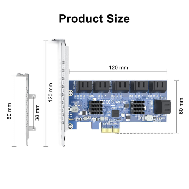 12 Port PCIe SATA Card, SATA3.0 Expansion Card, X1, with 12 SATA cable, Support SSD and HDD 12-Port, PCI-e X1