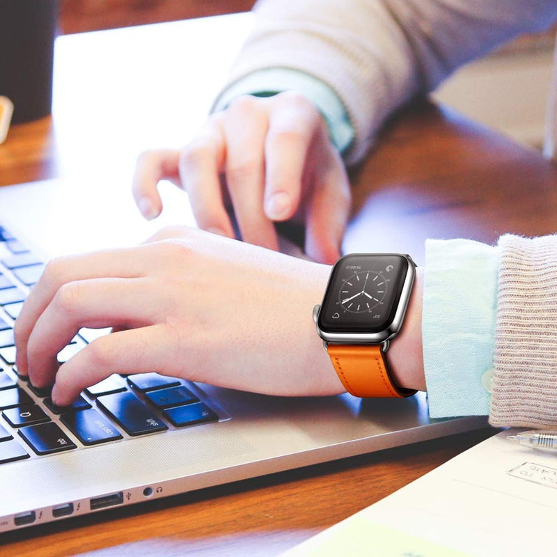 OUHENG Compatible with Apple Watch Band Genuine Leather Replacement Strap 41mm 40mm 38mm Black & Orange