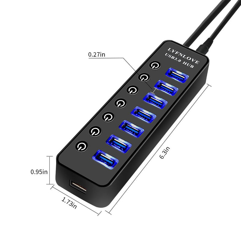 USB Hub 3.0 Powered, LYFNLOVE USB Extender 7-Port Data USB Hub with Power Adapter and 1 Smart Charging Port, USB Splitter with On/Off Switches for MacBook, Mac Pro/Mini, iMac, Surface Pro Laptop/PC