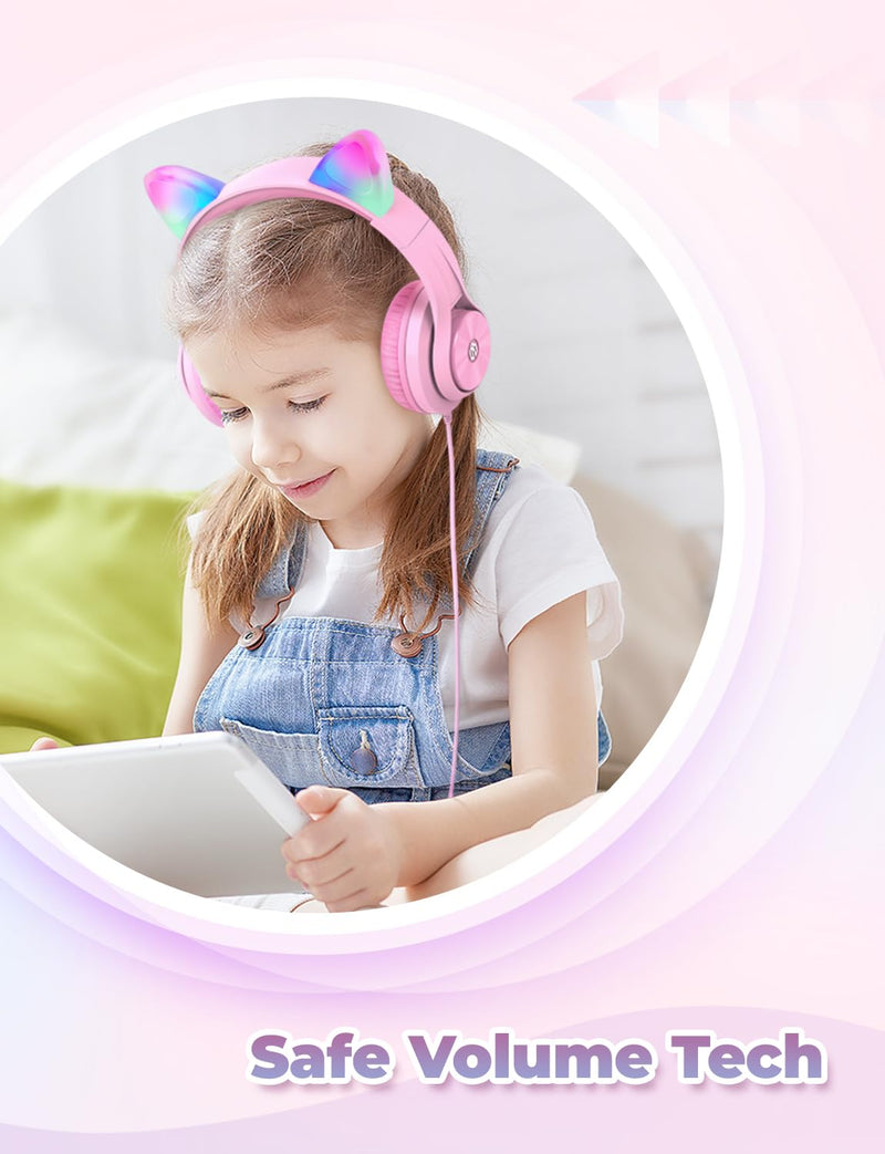 iClever Kids Headphones with Cat Ear Led Light Up, Safe Volume Limite Kids Wired Headphones with FunShare Foldable Over-Ear Headphones for Kids/School/iPad/Tablet/Travel, Meow Donut-Pink Pink Medium