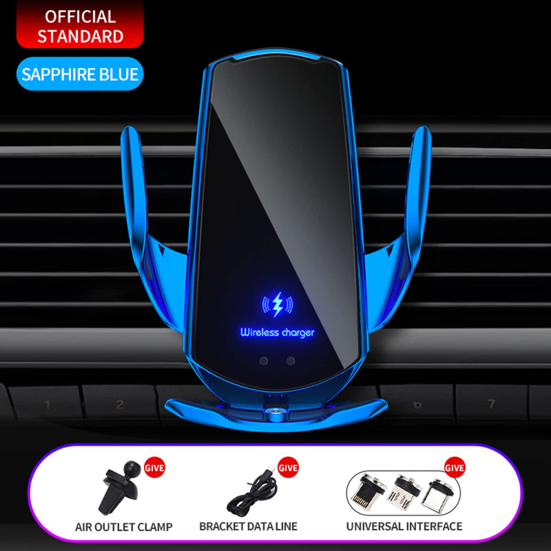 Wireless Car Charger Mount Automotive Electric Induction 15W Wireless Charger Car Auto Clamping Car Phone Holder Mount Wireless Charging Mount Vent Phone Holde Compatible with Android (Blue) Blue