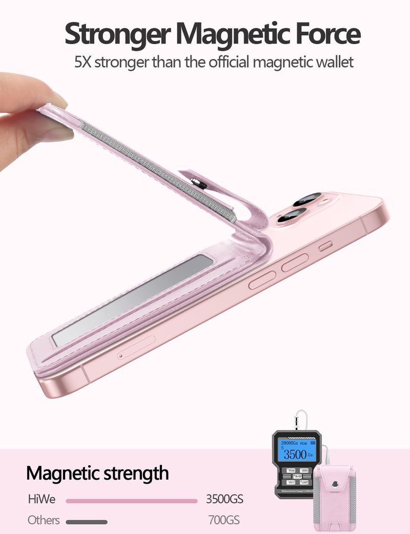 HiWe for Magsafe Wallet Stand - Magnetic Card Holder for iPhone 15/14/13/12 Series, ID Window, 3 Card Slots, Fit 8 Cards, RFID Blocking, Vegan Leather, Pink