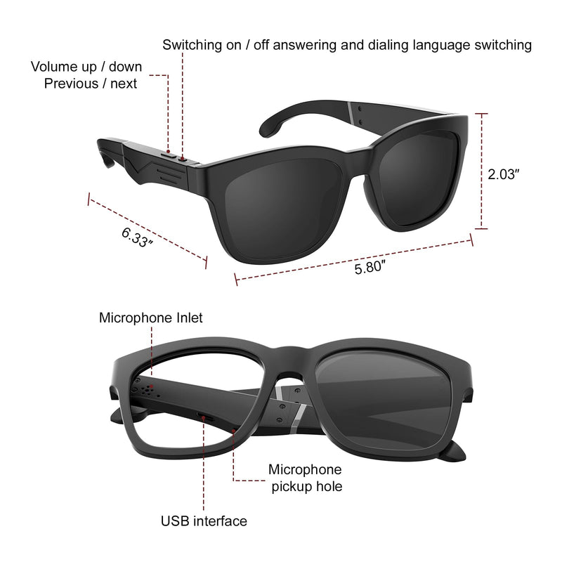 TnoxHD Smart Glasses, Bluetooth Sunglasses with Speakers, Wireless Audio Glasses for Men Women Black B