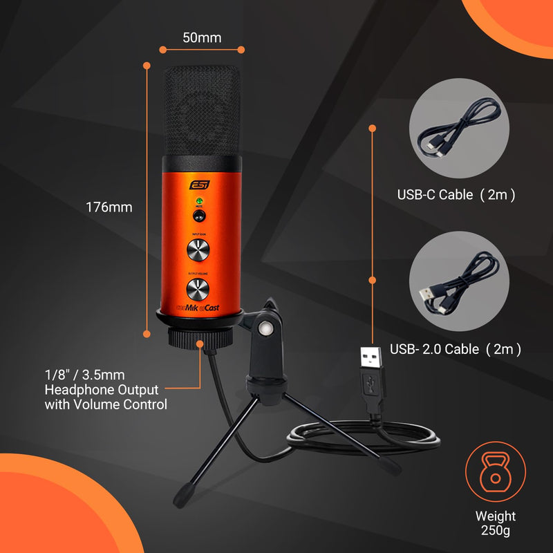 [AUSTRALIA] - ESI cosMik uCast | USB Microphone, Cardioid Condenser Computer Microphone for Gaming, Streaming, Podcasting, 2m USB-C Cable, Mute Button, Built-in Headphone Jack, Gain Control, USB Mic for PC & Mac cosMik uCast USB Microphone 