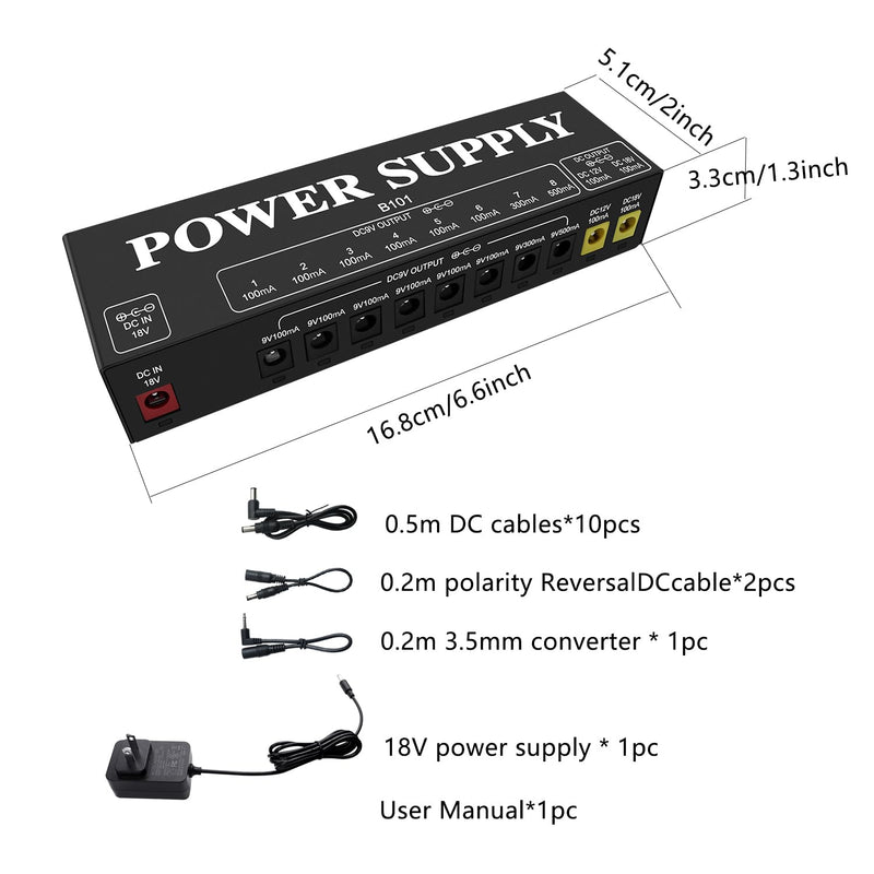 B101 Guitar Pedal Power Supply, 10 Isolated Outputs, 9V/12V/18V