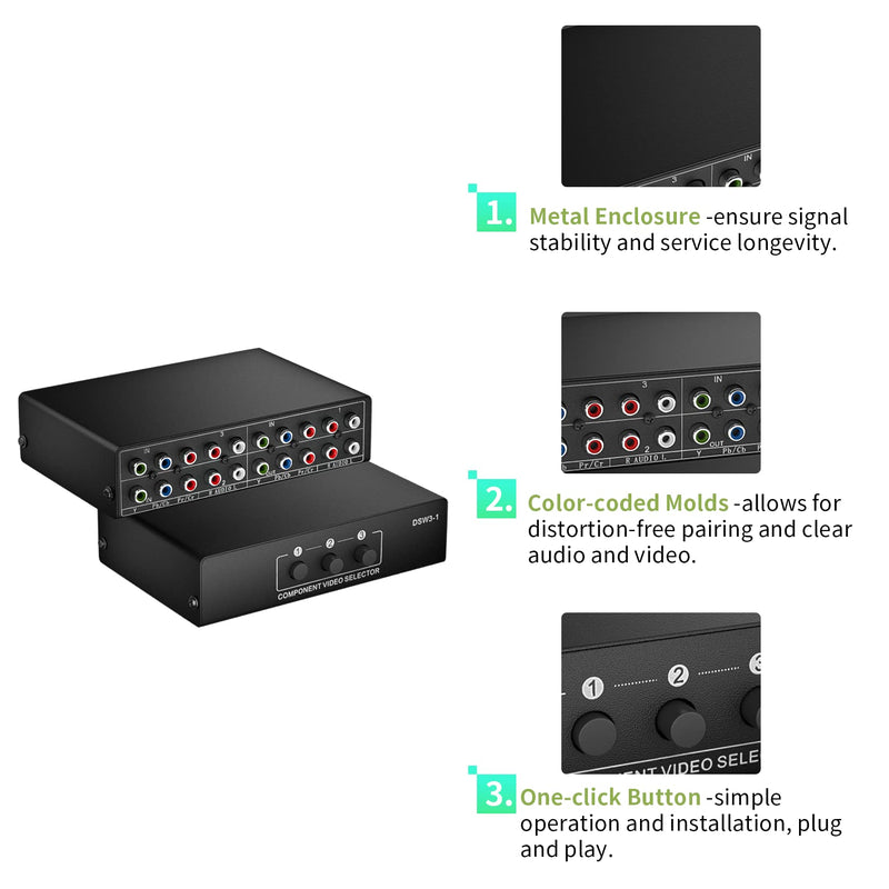 [AUSTRALIA] - Component AV Video Switch Box 3 in 1 Out, BolAAzuL 3 Port 5 RCA YPbPr Cable RGB Component AV Switcher Selector Converter 3-Way Plug & Play for Retro Gaming PS2 Wii Xbox DVD Player TV 3X1 Switch 