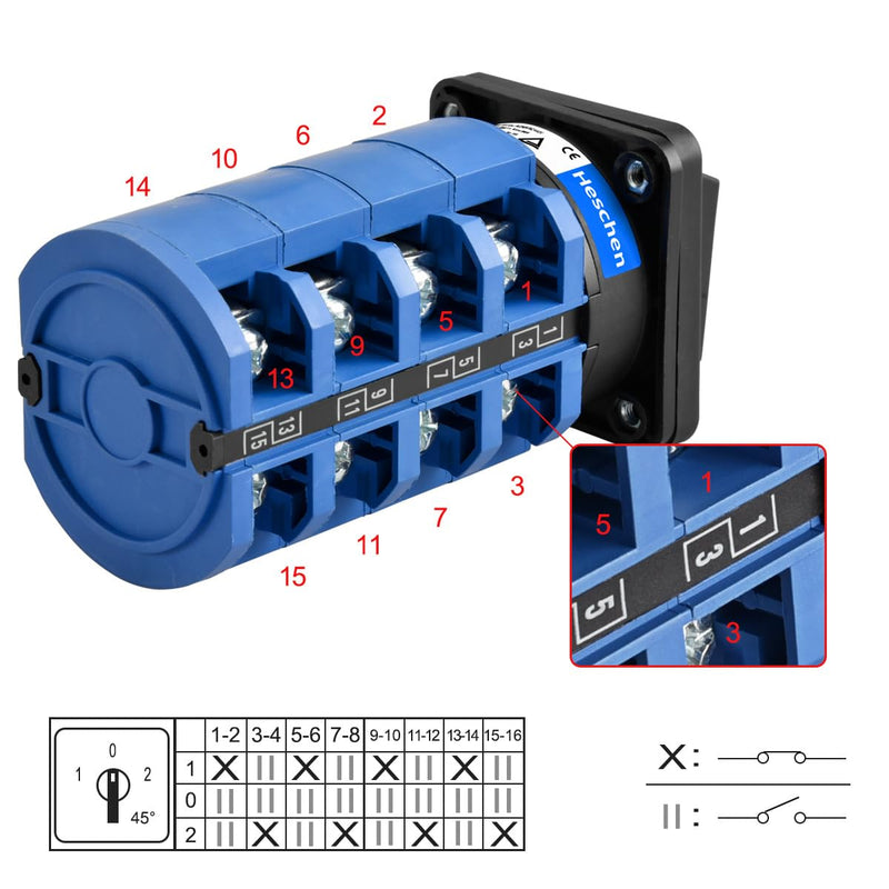 [AUSTRALIA] - Heschen Universal Rotary Cam Selector Changeover Switch, SZW26-63/D404.4, 660V 63A, ON-Off-ON 3 Position 4 Phase, 4NO+4NC, 16 Terminals, CE 