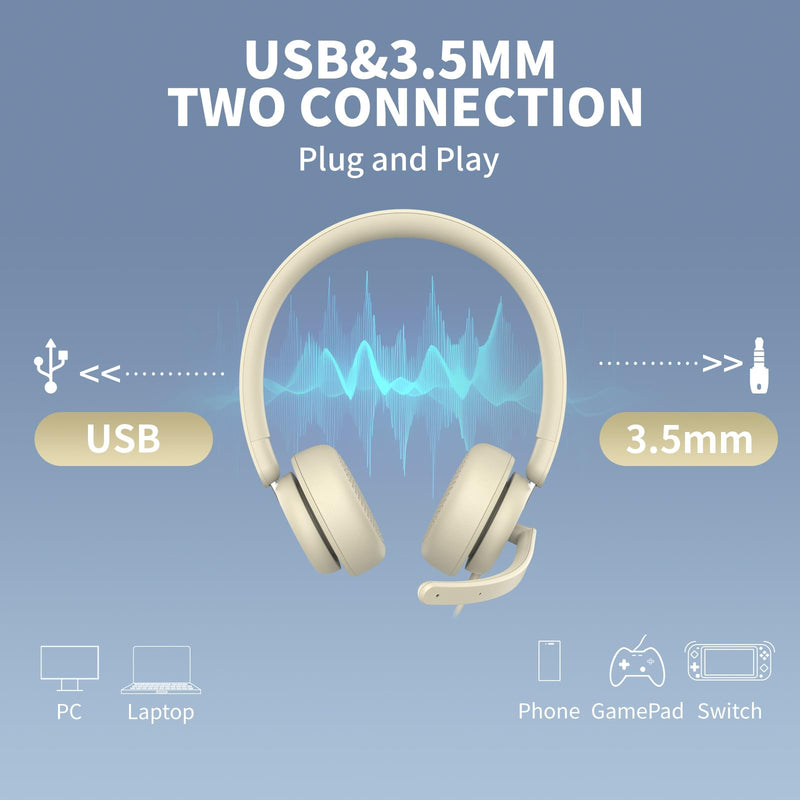 awatrue USB Headset with Microphone for PC, Computer Headset with Noise Canceling Microphone for PC Laptop, in Line Mute Controls, Wired Headset for Work from Home/Office/Call Center/Teams/Zoom Apricot