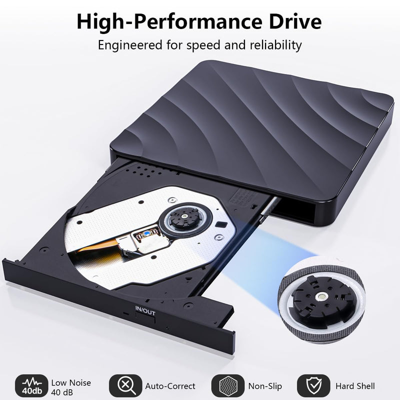 QDSYLQ External CD DVD Drive for PC - USB 3.0 CD Burner DVD Player for Laptop, External Optical Drives for PC/MacBook, Disc Reader for Windows 11/10/8/7/XP/Vista, Linux, Mac Glossyblack