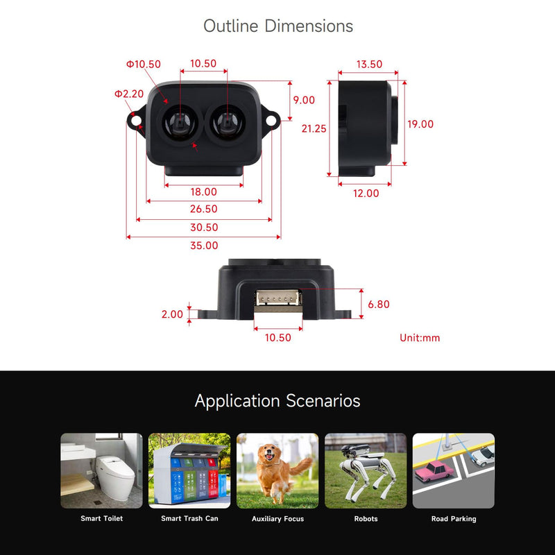 Waveshare TF-Luna Lidar Ranging Sensor, Compatible with Raspberry Pi 5/4B/3B/Zero/Zero W/Zero 2W/Pico/Pico W/Pico WH, 8m Ranging Distance, Mini Laser Ranging Module, TOF Ranging Principle