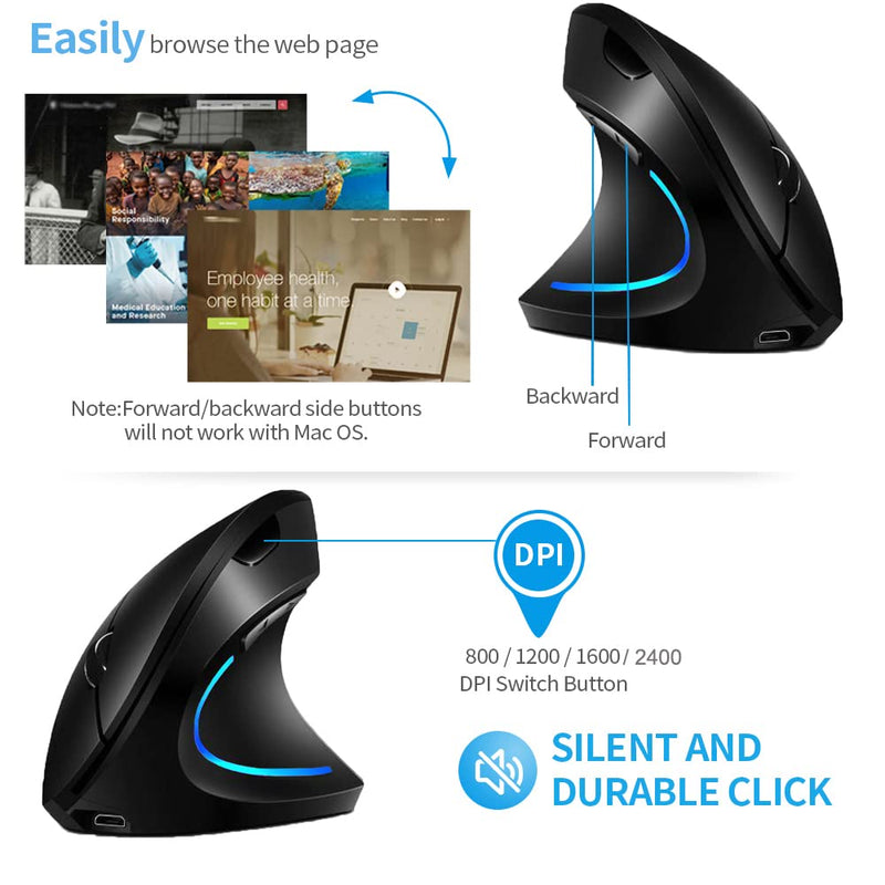 Vertical Mouse, Right Handed 2.4GHz Wireless Ergonomic Rechargeable Vertical Mouse with 4 Adjustable DPI 800/1200/1600/2400, 6 Buttons,Compatible with PC, Desktop,Mac (Black)… Black