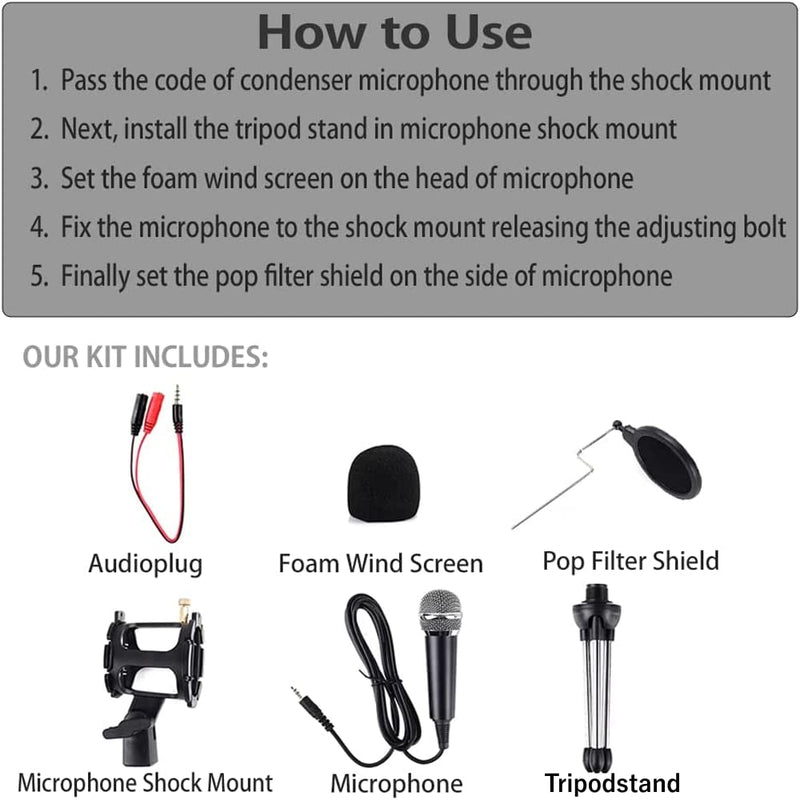 Japard Gaming USB Microphone for PC High Sensitivity, Mini Condenser 3.5 mm Plug for iPhone iPad Android, Broadcast Music Recording Set for Computer Meeting Podcast