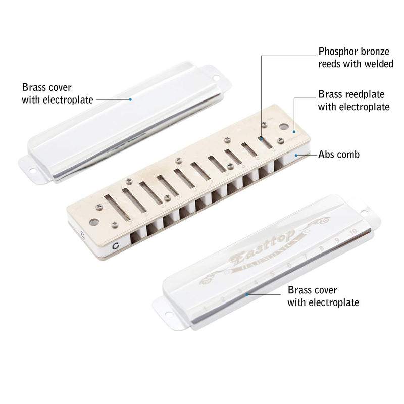 [AUSTRALIA] - East top Harmonica, Diatonic Blues Harmonica Key of C, 10 Holes Diatonic Blues Mouth Organ T008, Silver Harmonica For Adults, Professional Player and Students 