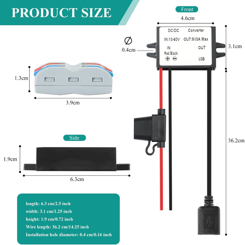 DC DC Buck USB A 10-60V to 5V Voltage Converter with Fuse 5V 3A 15W MAX 12V/24V/36V/48V/60V Power Transformer Waterproof Step Down Module for Automotive, LED Lights, Boat Docks, Instruments USB 10-60V to 5V 3A 15W