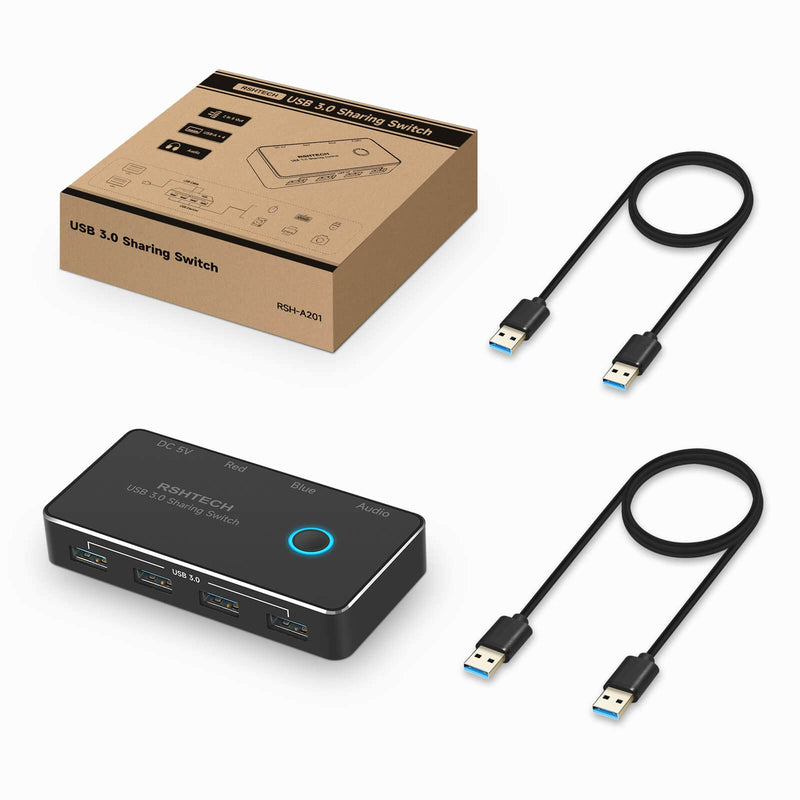 RSHTECH USB 3.0 Switch Selector with 4 USB-3.0 Ports, 3.5mm Audio Jack | 2 Computers Sharing 5 Peripheral Devices, Aluminum USB Switcher Hub with 2 USB Cable for Keyboard, Mouse, Printer RSH-A201