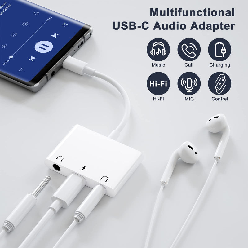 [AUSTRALIA] - USB C to 3.5mm Audio Adapter, 3 in 1 Aux to USB C Headphone Splitter Dual 3.5mm Audio Jack and PD 60W Fast Charging, Compatible for iPad Pro,Galaxy S22 S21/Note 20,Pixel 4 3 XL,Huawei,etc White 