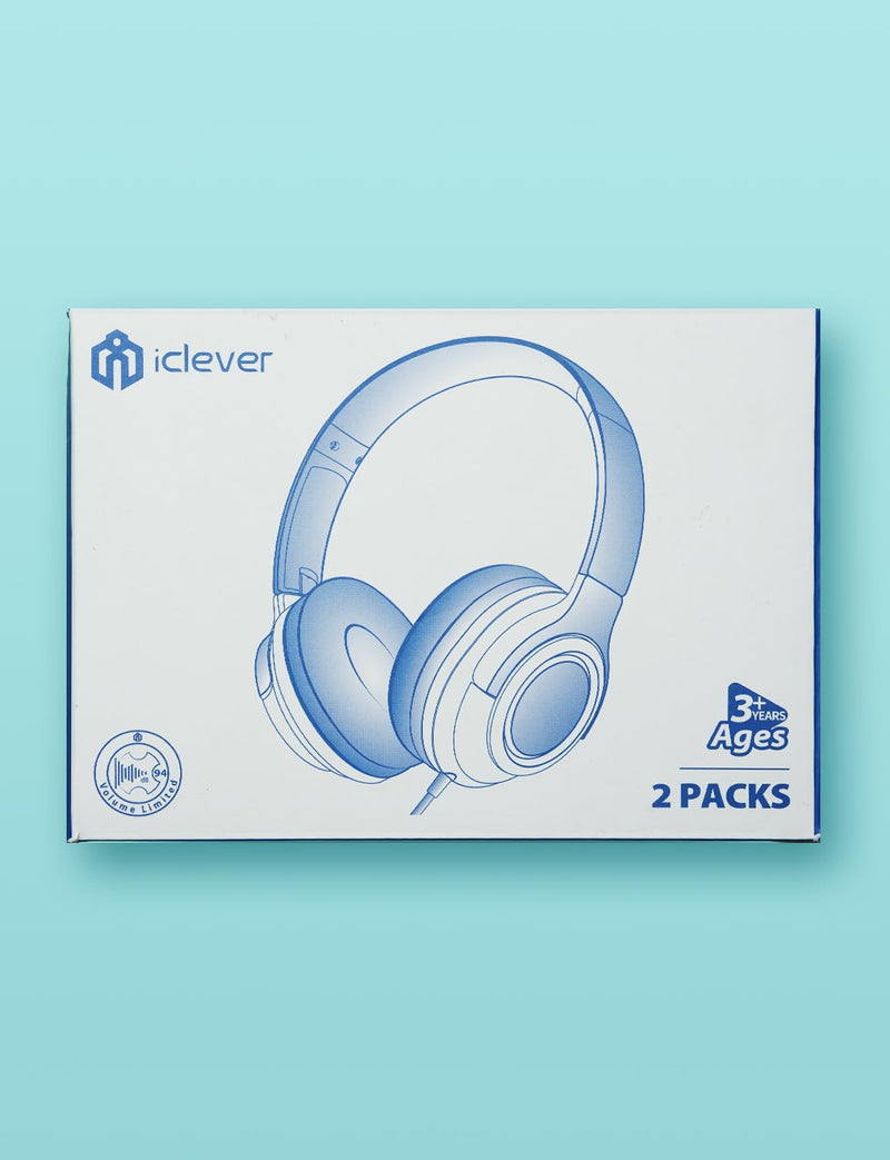 [AUSTRALIA] - iClever 2Pack Kids Headphones with Sharing Splitter - 85dBA Safe Volume Limited - HS22 Wired Headphones for Kids Teens, Tangle-Free 3.5mm Jack Foldable Stereo Headphones for School/Tablet/Travel Green & Blue 
