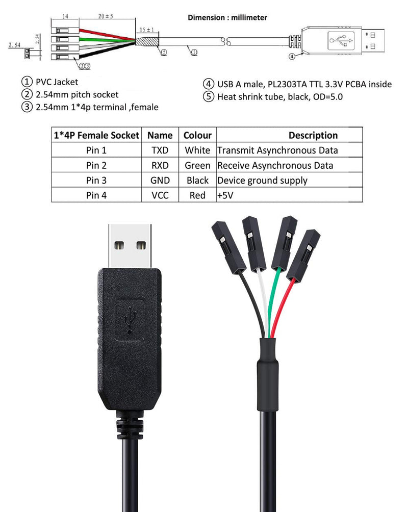 DTECH USB to TTL Serial Adapter 3.3V Debug Cable TX RX Signal 4 Pin Female Socket PL2303 Prolific Chip Windows 10 8 7 XP Vista (3ft, Black) 3ft/1m
