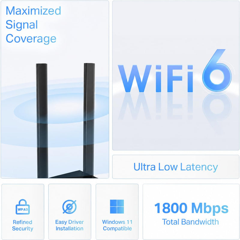 TP-Link USB WiFi 6 Adapter for Desktop PC,AX1800 Dual Band PC WiFi Antenna | USB Wireless Network Adapter with 2.4/5GHz, High Gain 5dBi Antenna, WPA3, MU-MIMO Supports Windows 11/10 (Archer TX20U Plus) AX1800